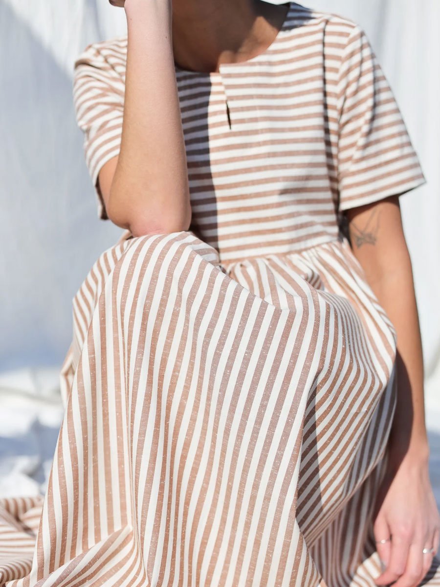 Cotton And Linen Striped Casual Loose Pocket Short-Sleeved Midi Dress