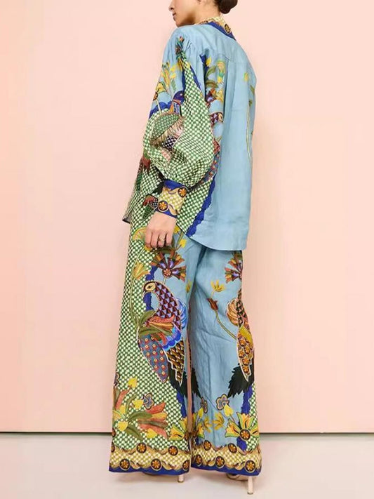 Women's Resort Contrast Color Peacock Print Long Sleeve Pants Suit