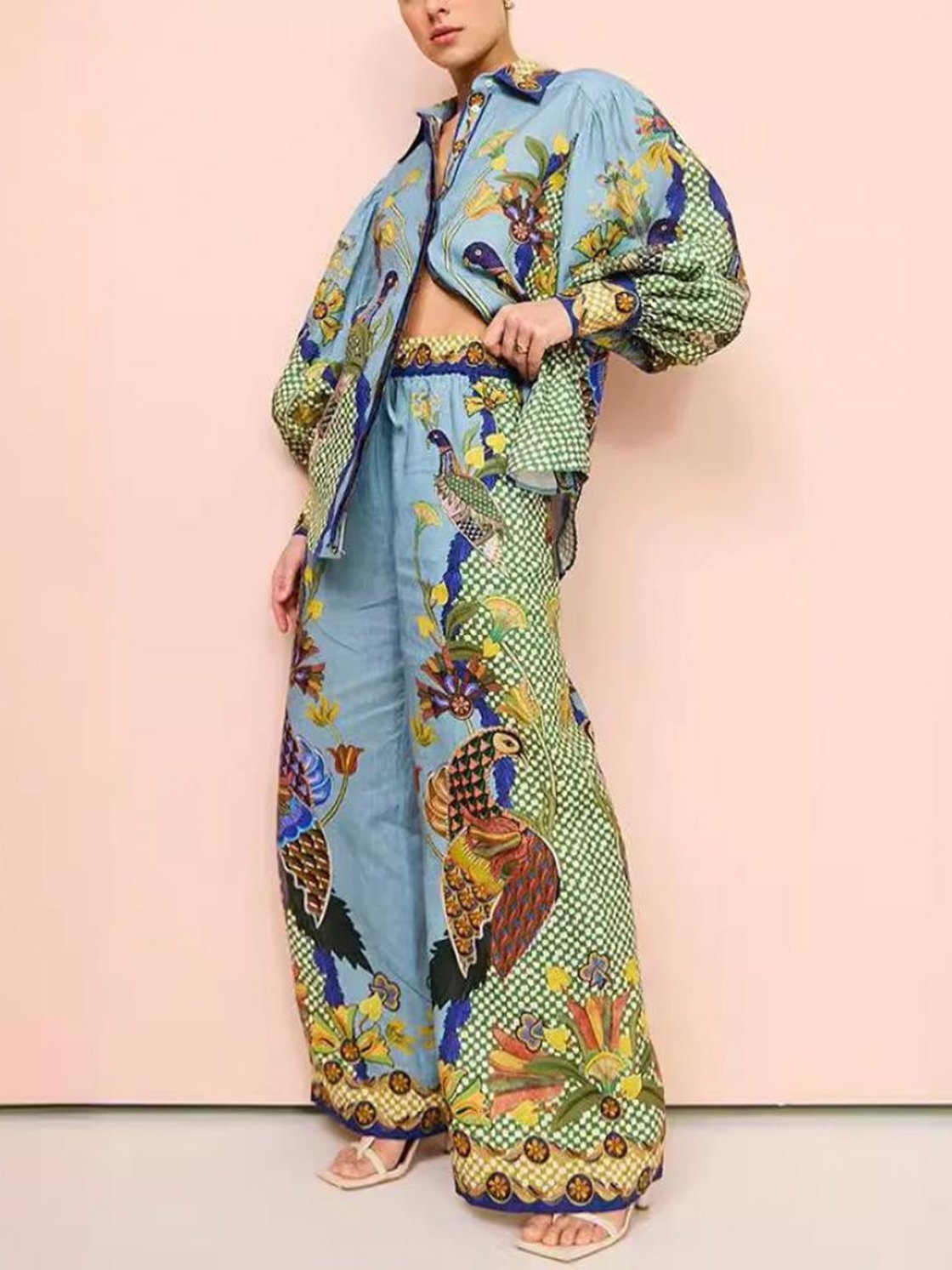 Women's Resort Contrast Color Peacock Print Long Sleeve Pants Suit