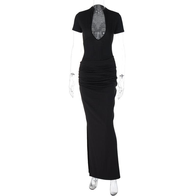 Short sleeve v neck ruched low cut slit solid maxi dress