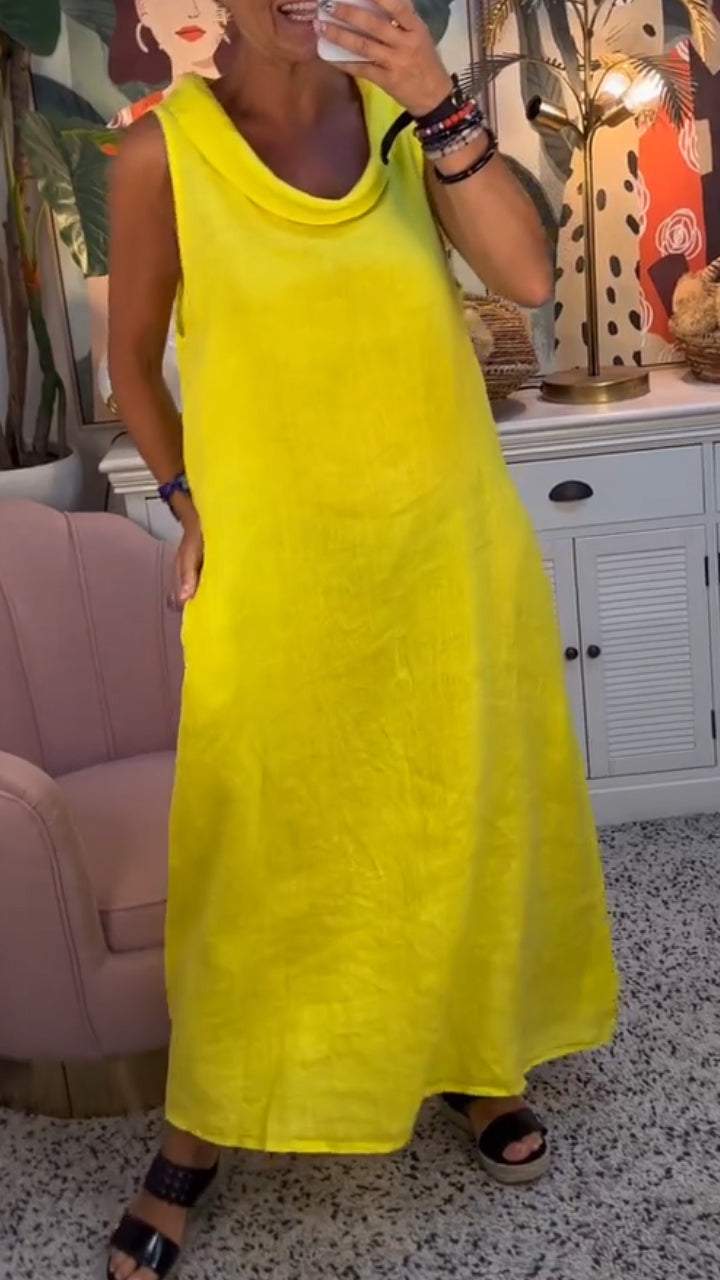 Neck Sleeveless Cotton and Linen Dress