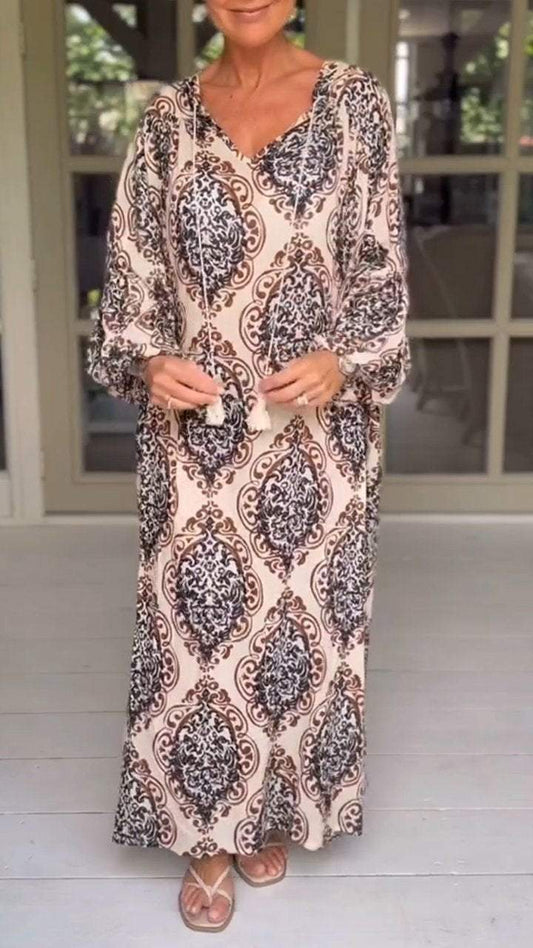 V-neck Casual Long-sleeve Printed Dress