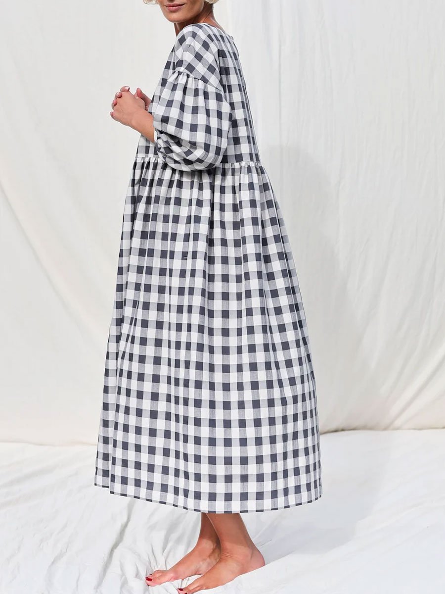 Round Neck Plaid Printed Casual Loose Mid-Sleeve Midi Dress