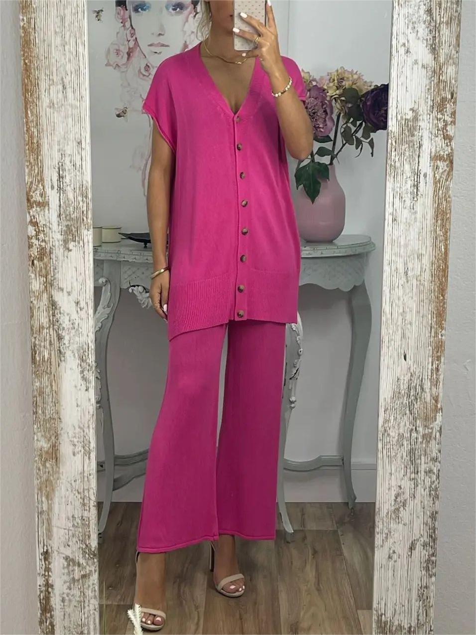 Women's Casual Solid Color Knit Top and Wide Leg Pants Set