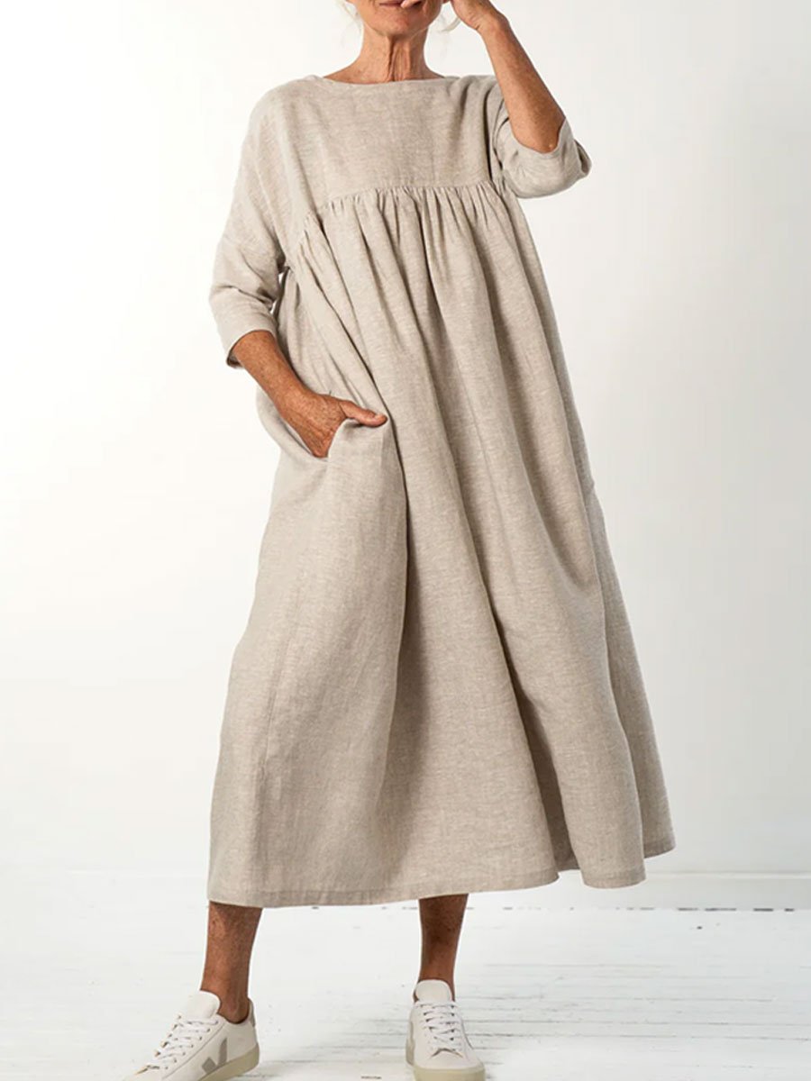 V-Neck Solid Color Cotton And Linen Casual Pocket Large Hem Mid-Sleeve Midi Dress