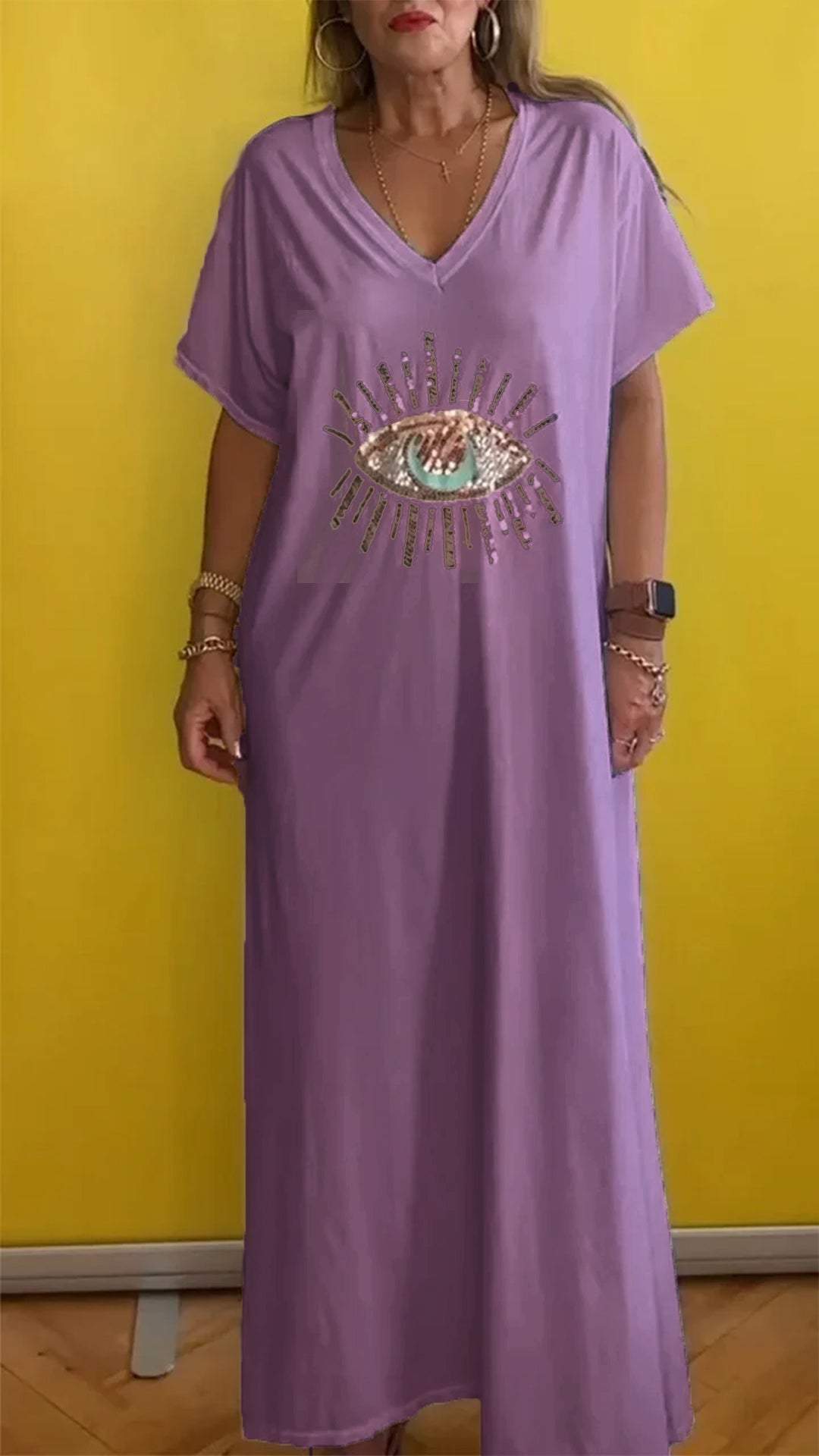 V-neck Short-sleeved Casual Sequined Eye Design Dress