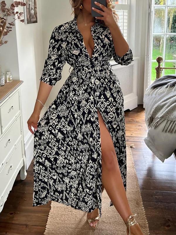 Deep V-neck Floral Slit Dress