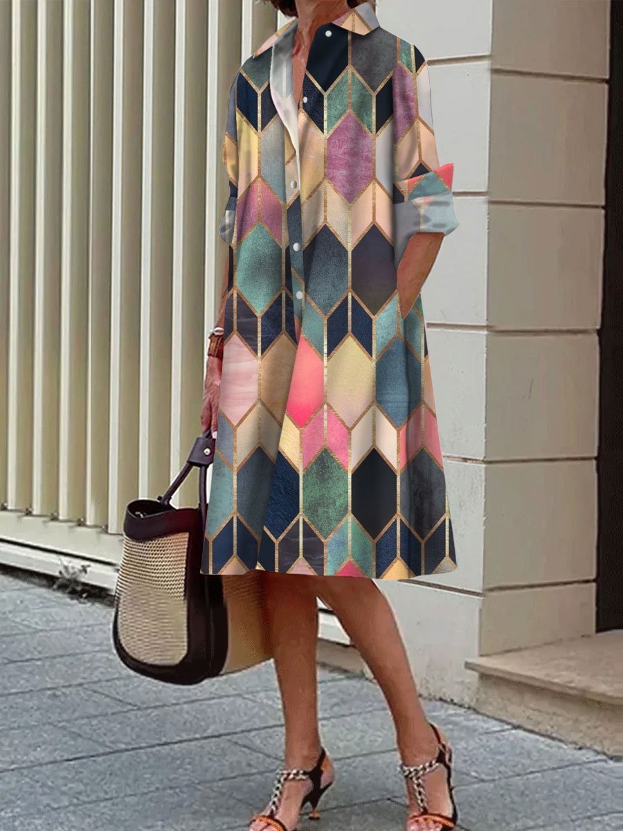 Colorful Geometric Print Casual Loose Long-Sleeved Shirt Dress