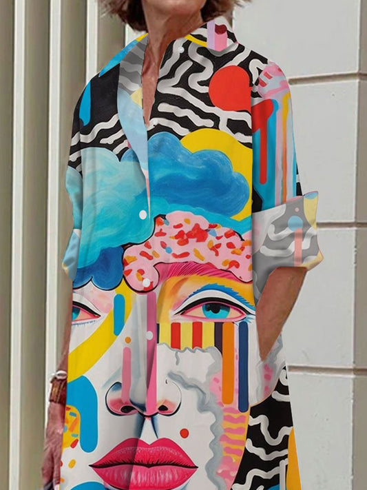 Graffiti Art Face Print Casual Loose Long Sleeve Shirt Dress