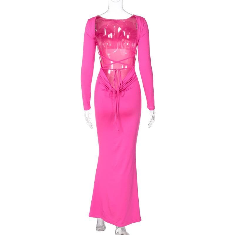 Long sleeve backless lace up ruched solid maxi dress