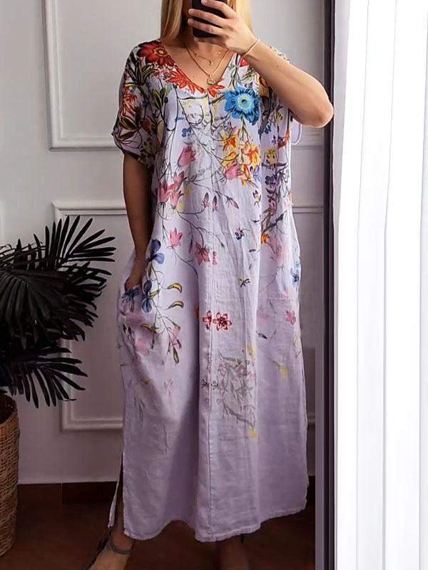 cotton and linen printed short-sleeved dress