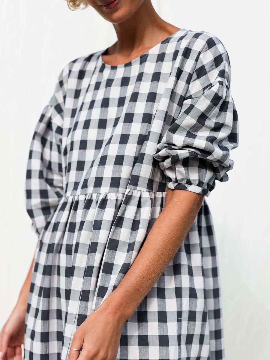 Round Neck Plaid Printed Casual Loose Mid-Sleeve Midi Dress