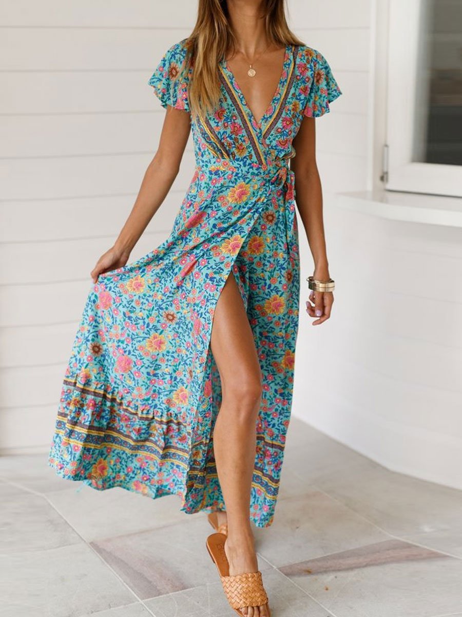 V-Neck Retro Ethnic Print Holiday Cardigan Tie Short-Sleeved Maxi Dress