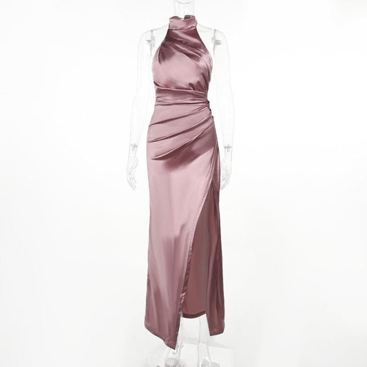 Ruched solid satin zip-up halter backless slit maxi dress