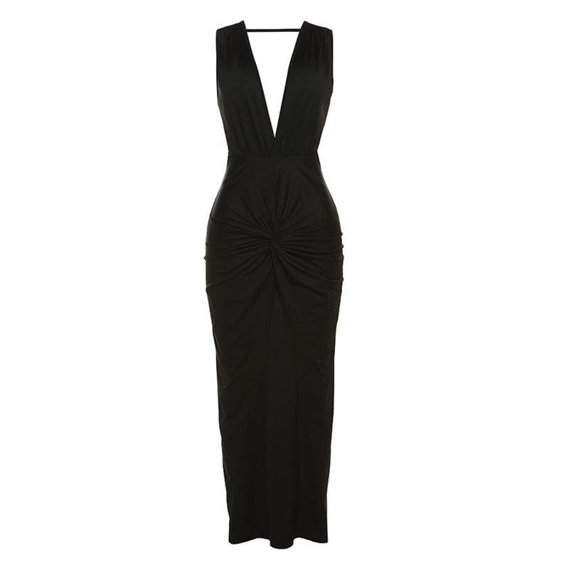 Sleeveless v neck solid slit knotted backless midi dress