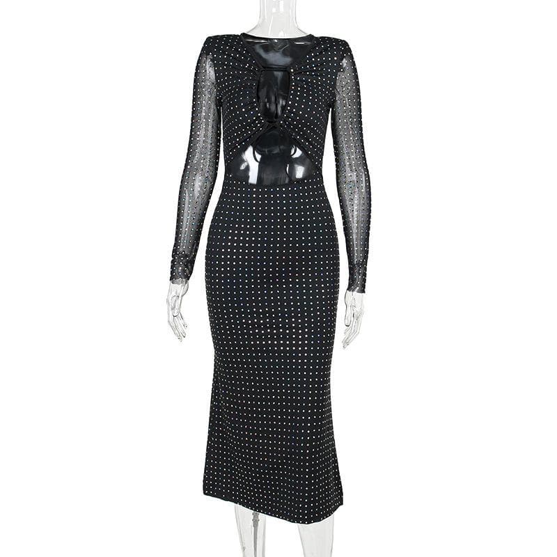 Polka dot contrast hollow out long sleeve mesh cut out midi dress