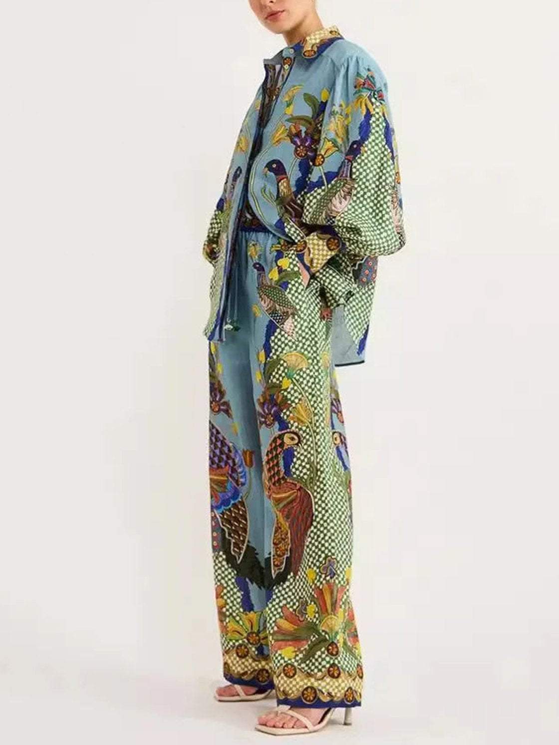 Women's Resort Contrast Color Peacock Print Long Sleeve Pants Suit