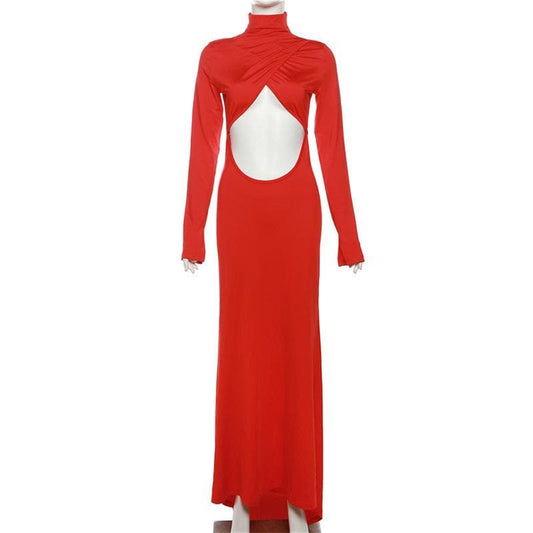 Hollow out solid long sleeve high neck zip-up cut out maxi dress