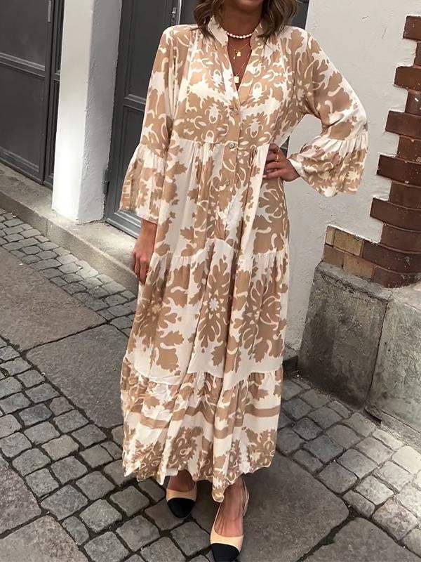 V-neck Printed Long-sleeved Loose Dress