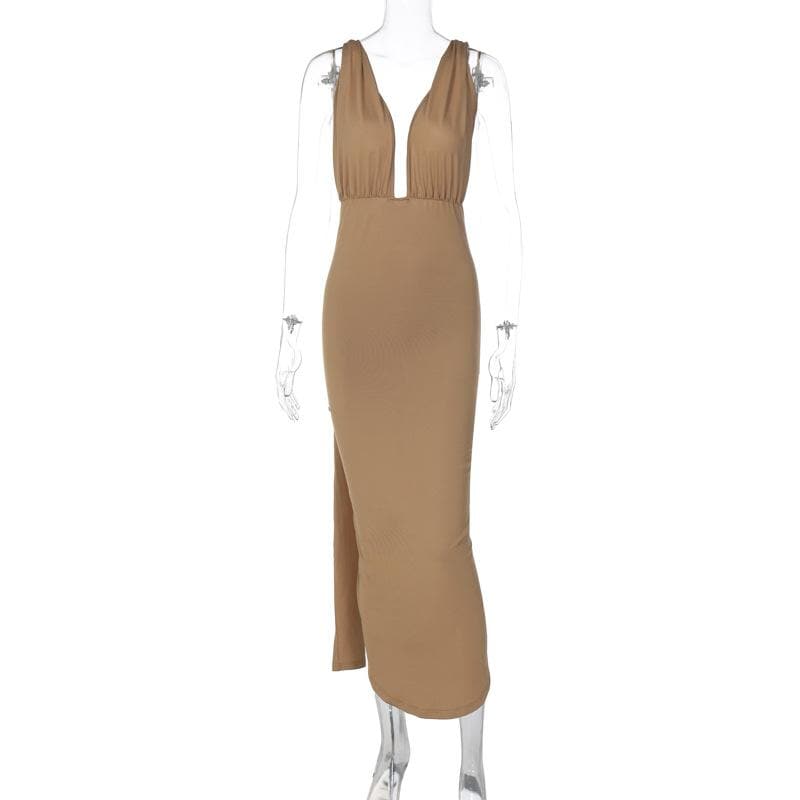 Ruched backless slit ribbon v neck knotted solid maxi dress