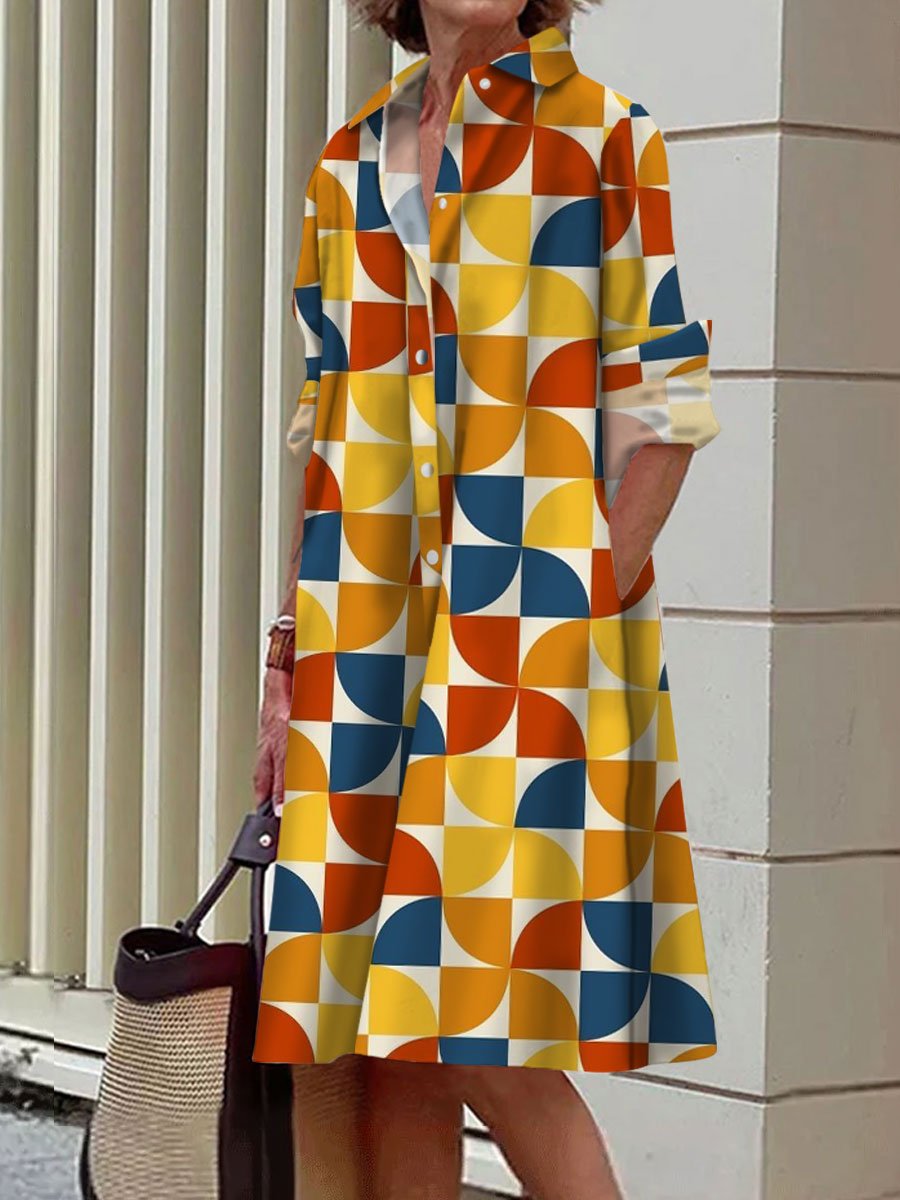 Colorful Windmill Print Casual Loose Pocket Long Sleeve Shirt Dress