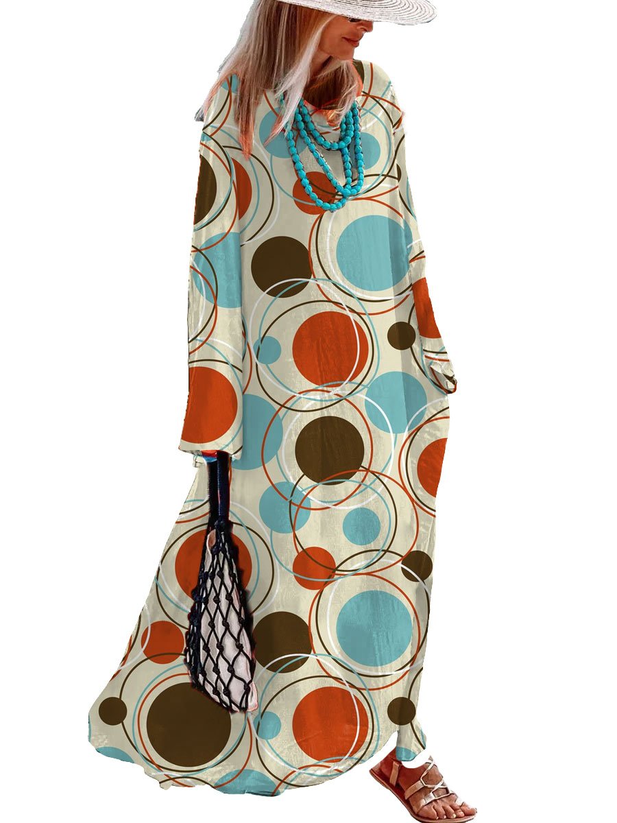 Round Neck Colorful Circle Print Casual Loose Long Sleeve Maxi Dress