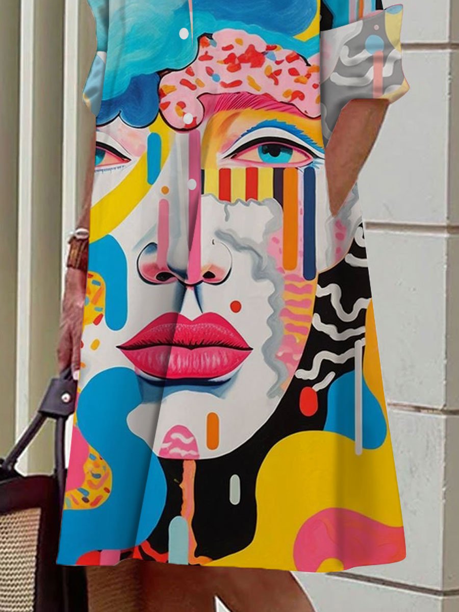 Graffiti Art Face Print Casual Loose Long Sleeve Shirt Dress