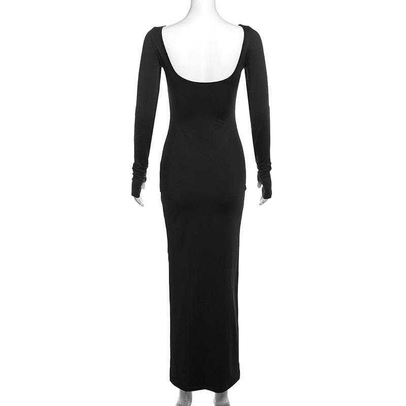 Ruched long sleeve solid gloves round neck maxi dress