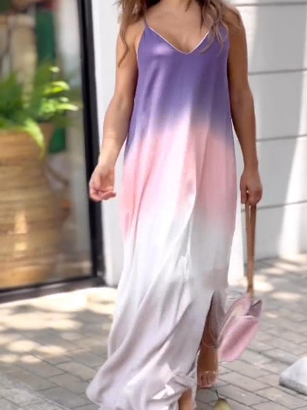 casual V-neck suspender gradient long skirt