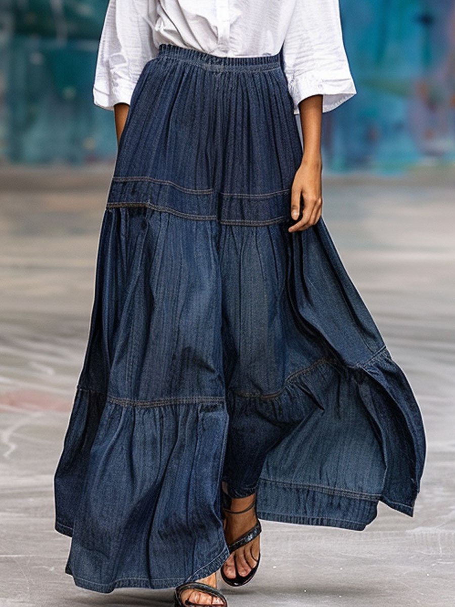 Casual Loose Retro Elastic Waist Denim Skirt