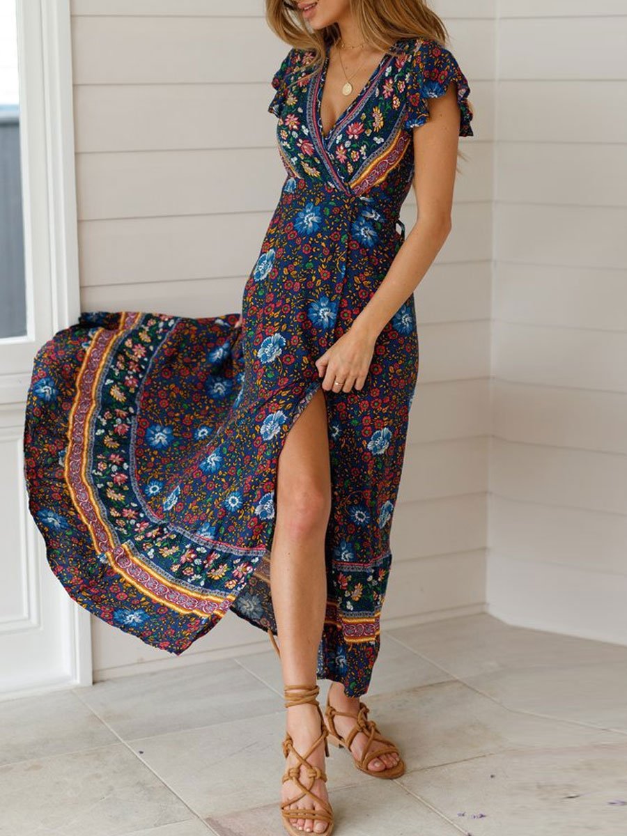 V-Neck Retro Ethnic Print Holiday Cardigan Tie Short-Sleeved Maxi Dress