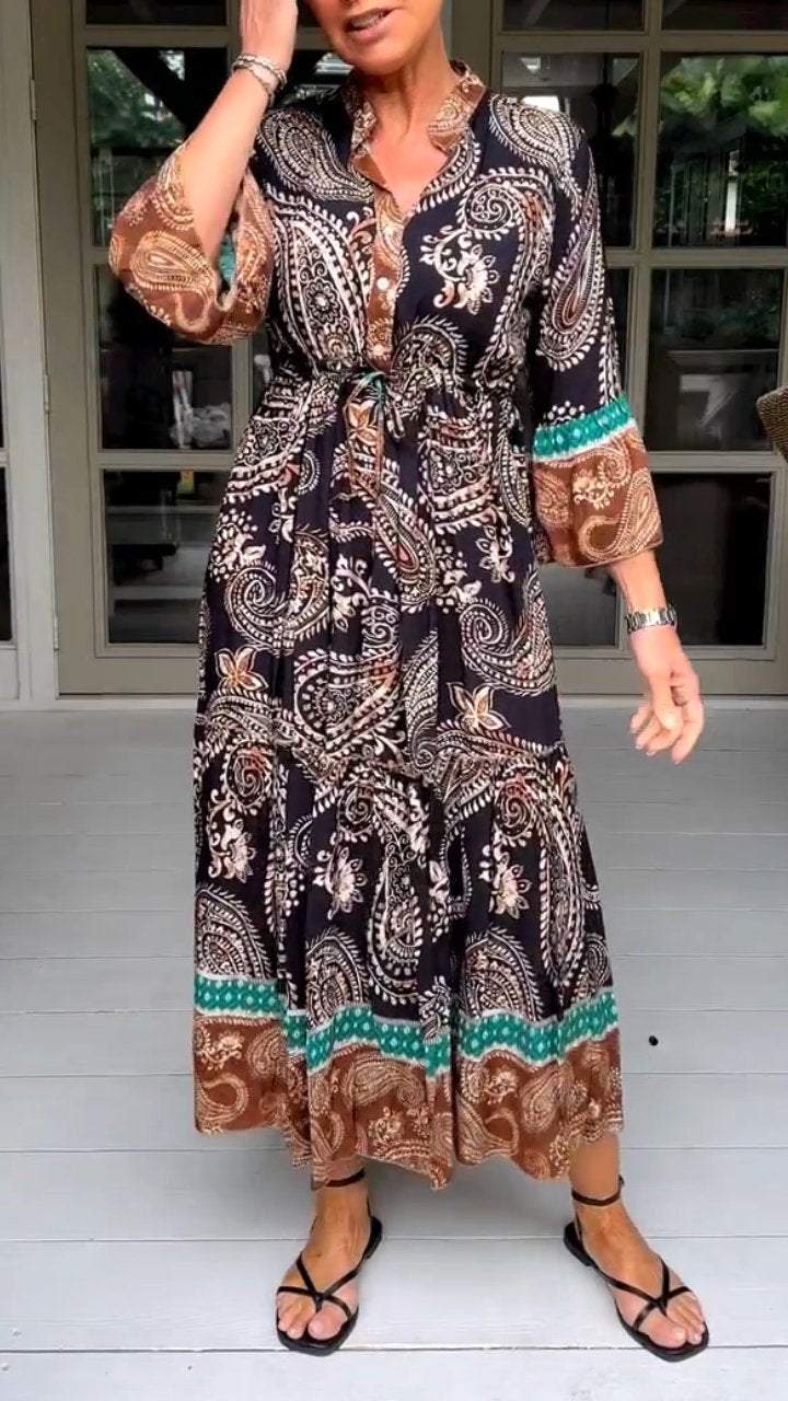 V-neck Casual Mid-sleeve Retro Print Dress