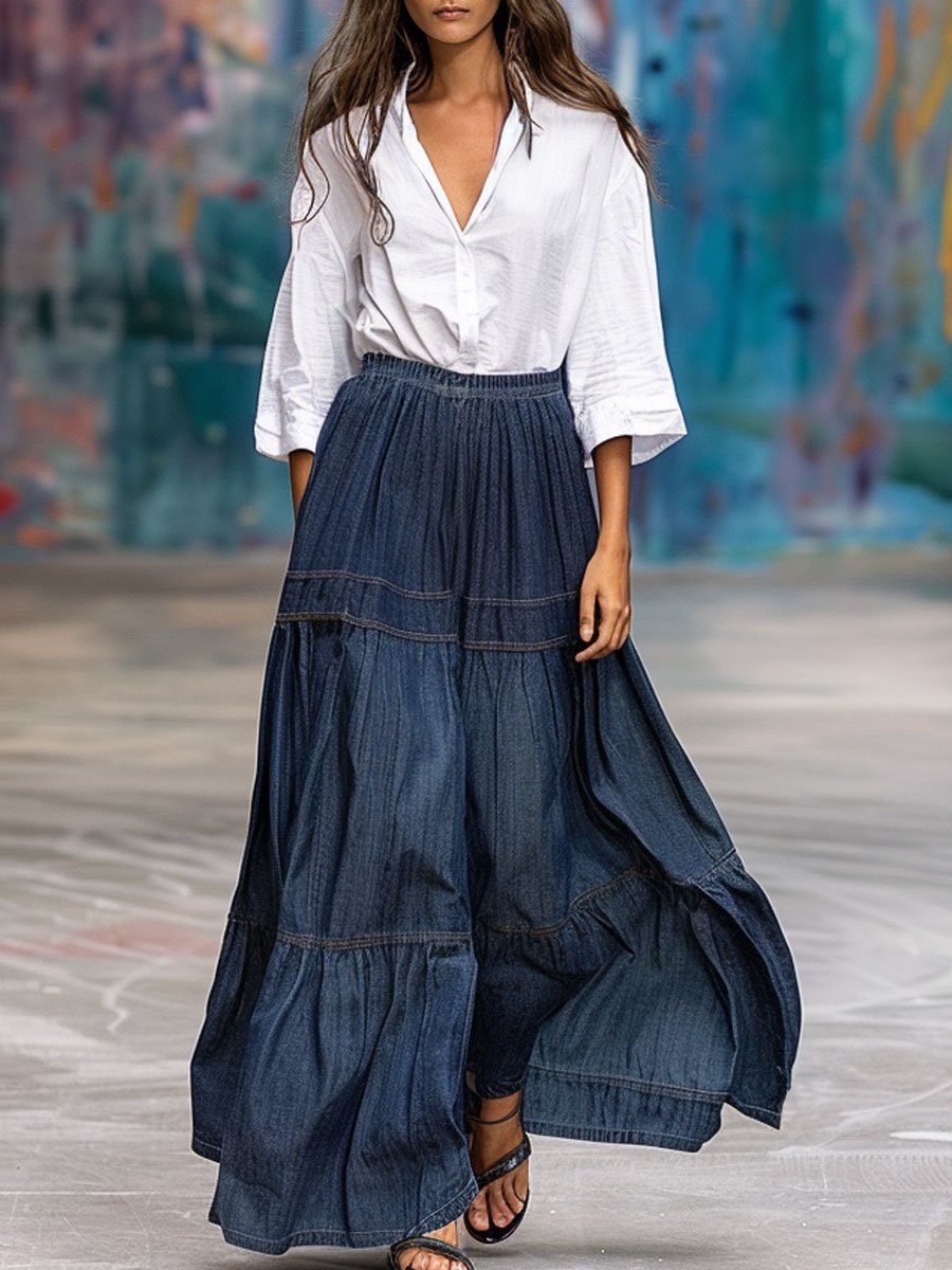 Casual Loose Retro Elastic Waist Denim Skirt