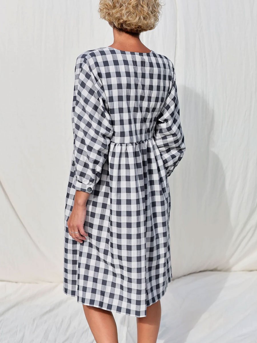 V-Neck Cotton And Linen Plaid Casual Loose Shirt Long-Sleeved Midi Dress