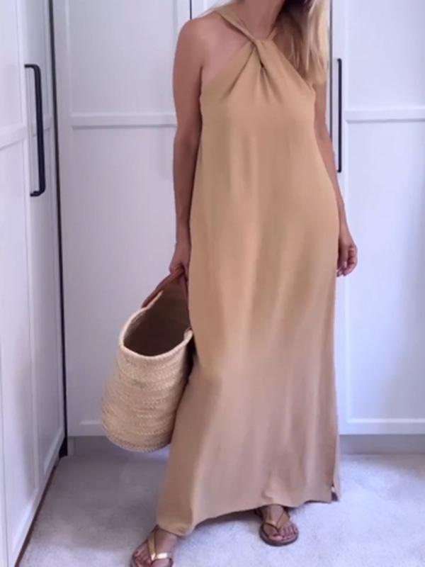 casual halterneck slit cotton and linen dress