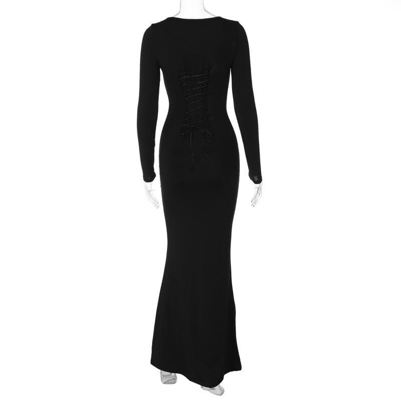 Lace up solid long sleeve square neck maxi dress