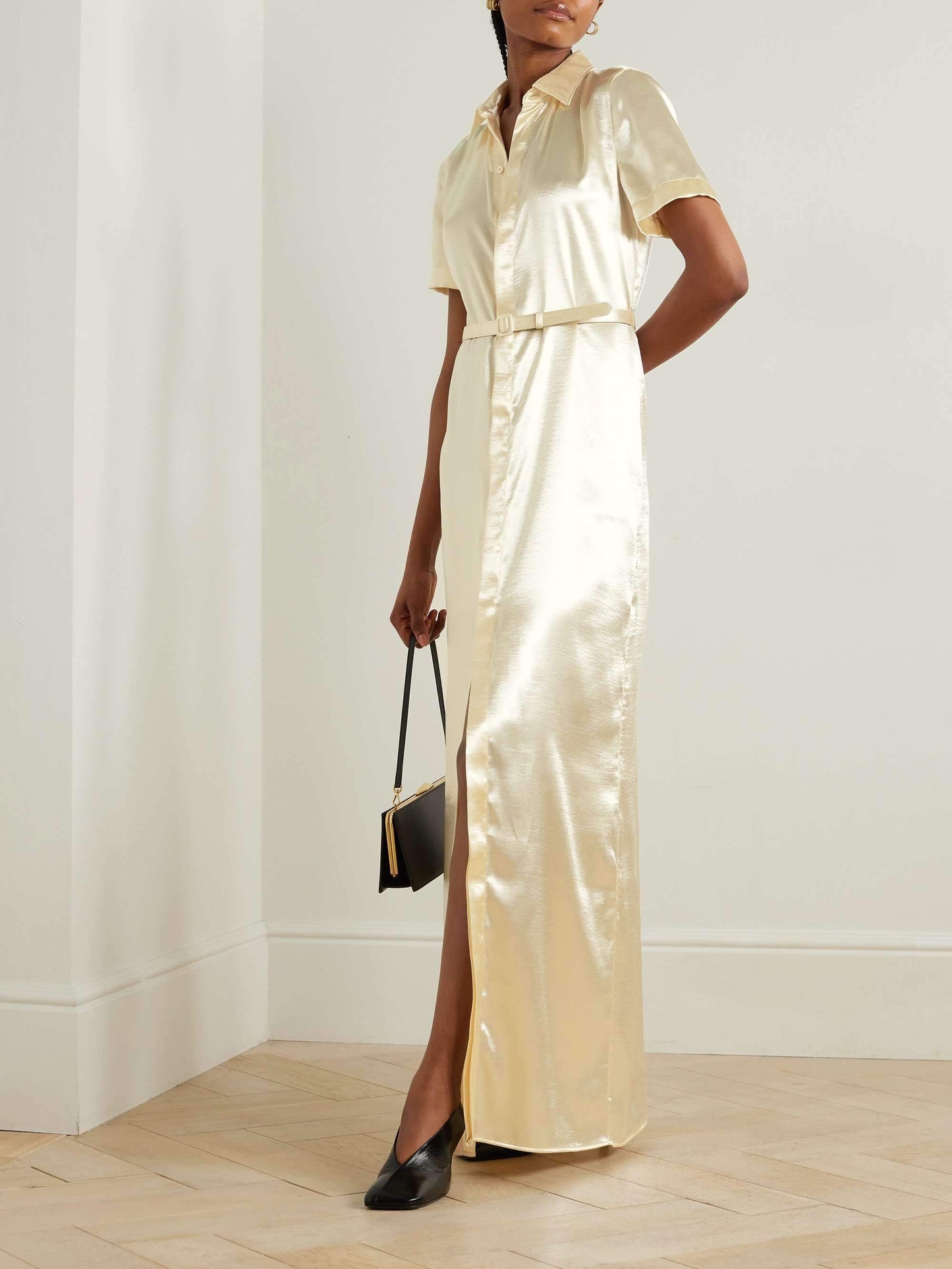 Belted hammered-satin drees