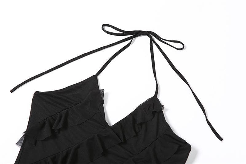 Ruffle irregular halter ribbon backless mini dress