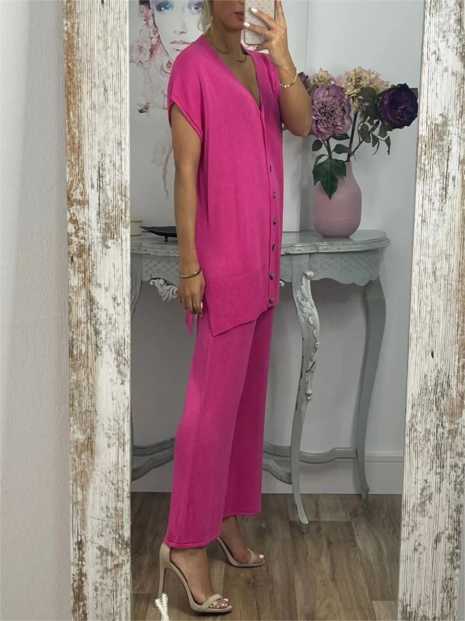 Women's Casual Solid Color Knit Top and Wide Leg Pants Set