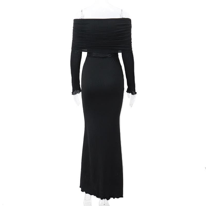 Ruched solid long sleeve off shoulder ruffle maxi dress