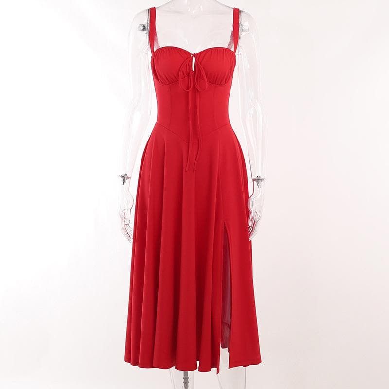 Ruched solid sweetheart neck slit sleeveless midi dress