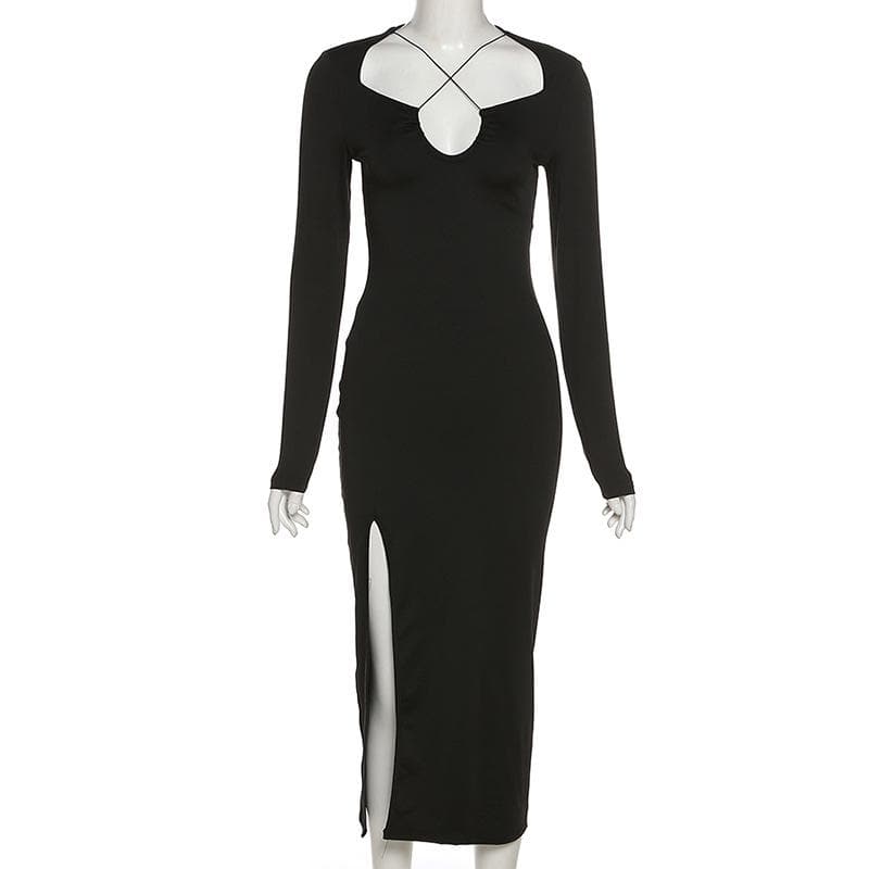 Cross front long sleeve slit notch neck solid midi dress