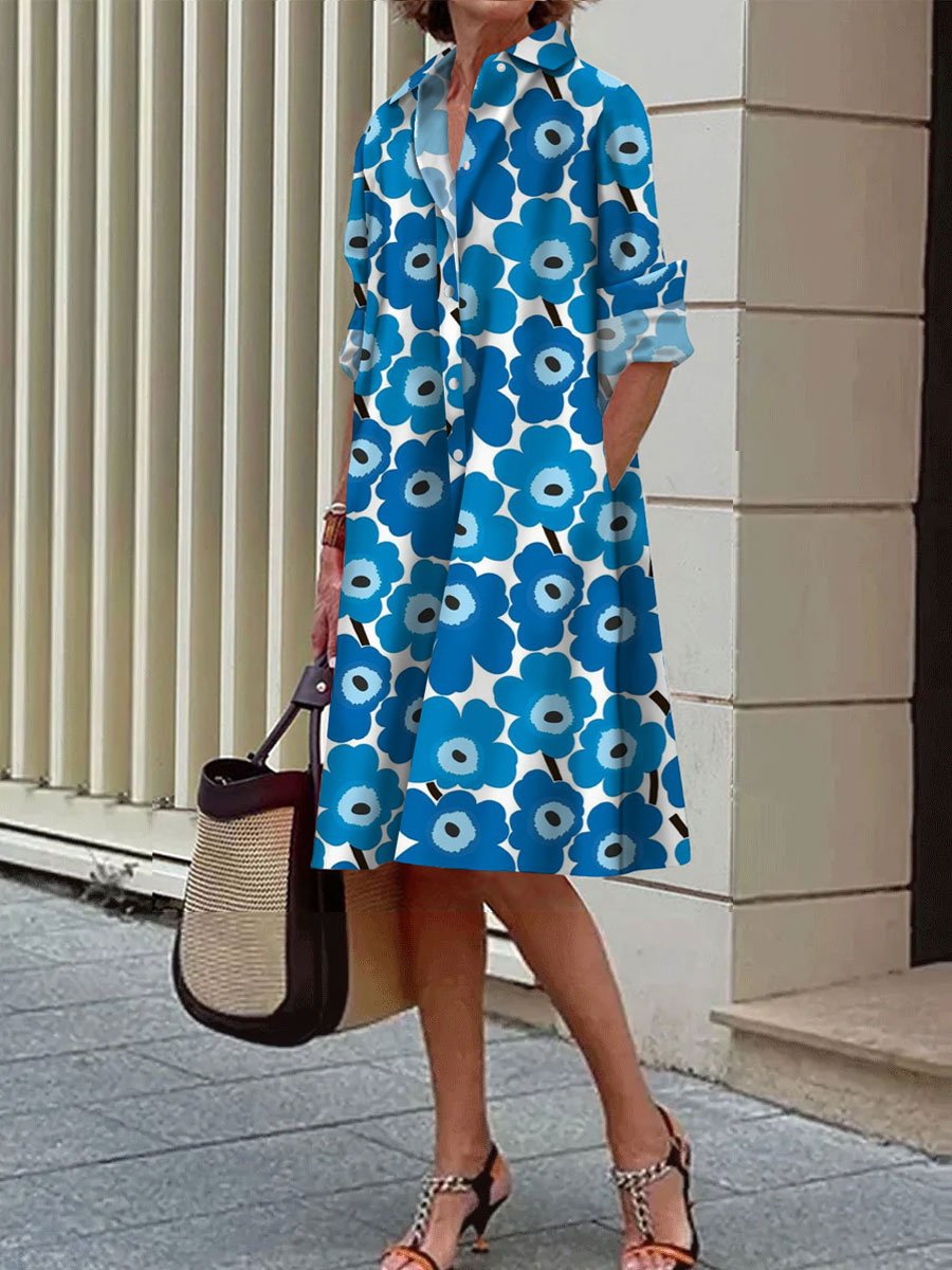 Gradient Floral Print Casual Loose Long Sleeve Shirt Dress