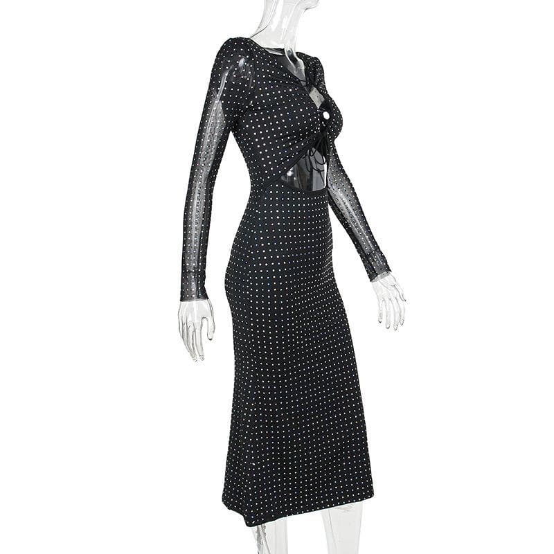 Polka dot contrast hollow out long sleeve mesh cut out midi dress