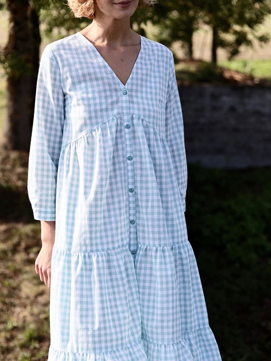 V-Neck Plaid Printed Casual Loose Shirt-Style Long-Sleeved Midi Dress