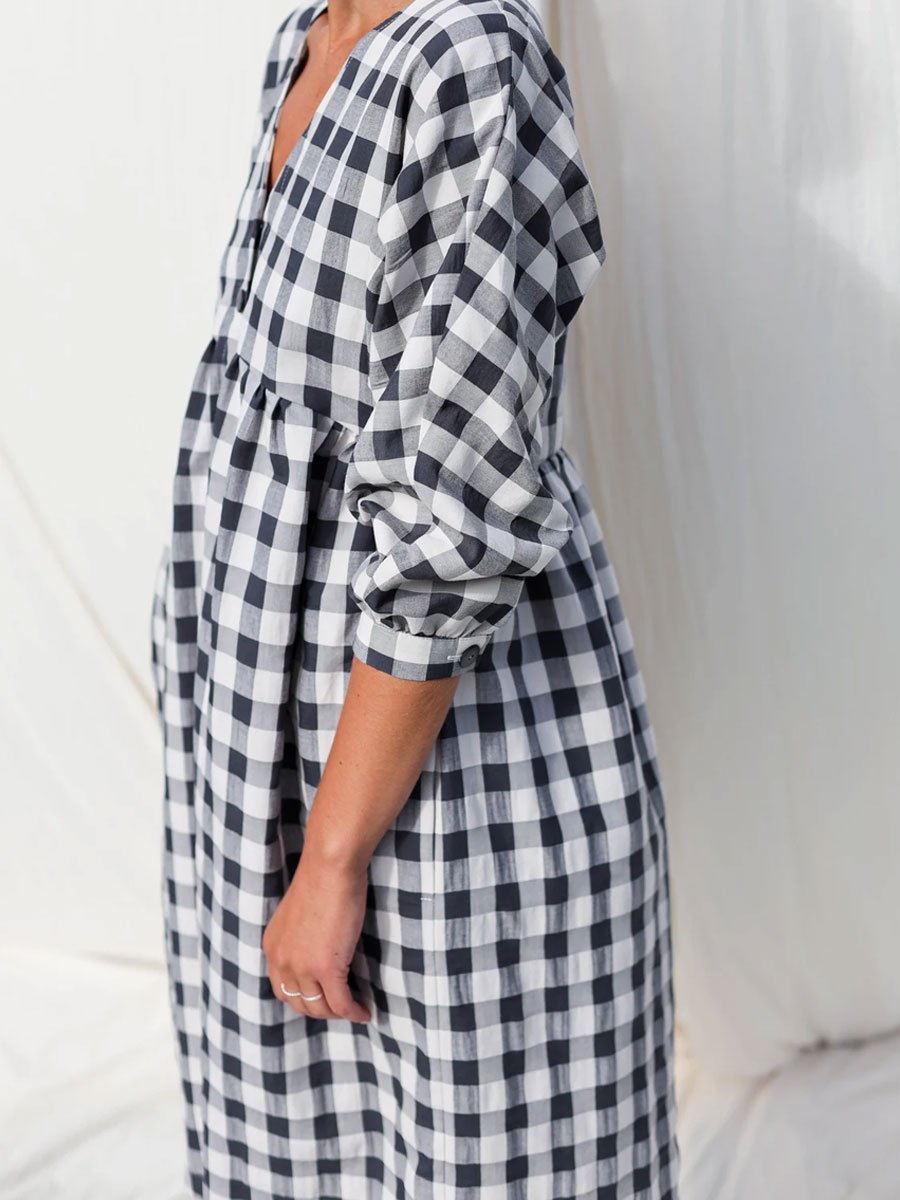 V-Neck Cotton And Linen Plaid Casual Loose Shirt Long-Sleeved Midi Dress