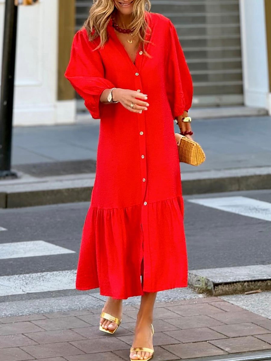 Casual Loose Holiday Lantern Sleeve Shirt Midi Dress