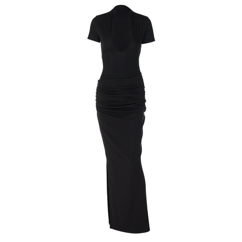 Short sleeve v neck ruched low cut slit solid maxi dress