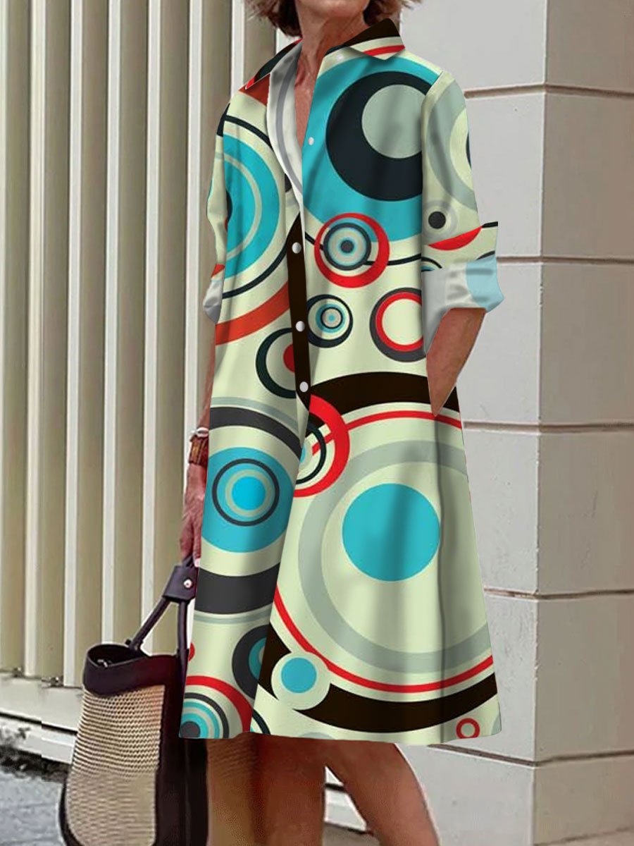 Colorful Circle Print Casual Loose Pocket Long Sleeve Shirt Dress