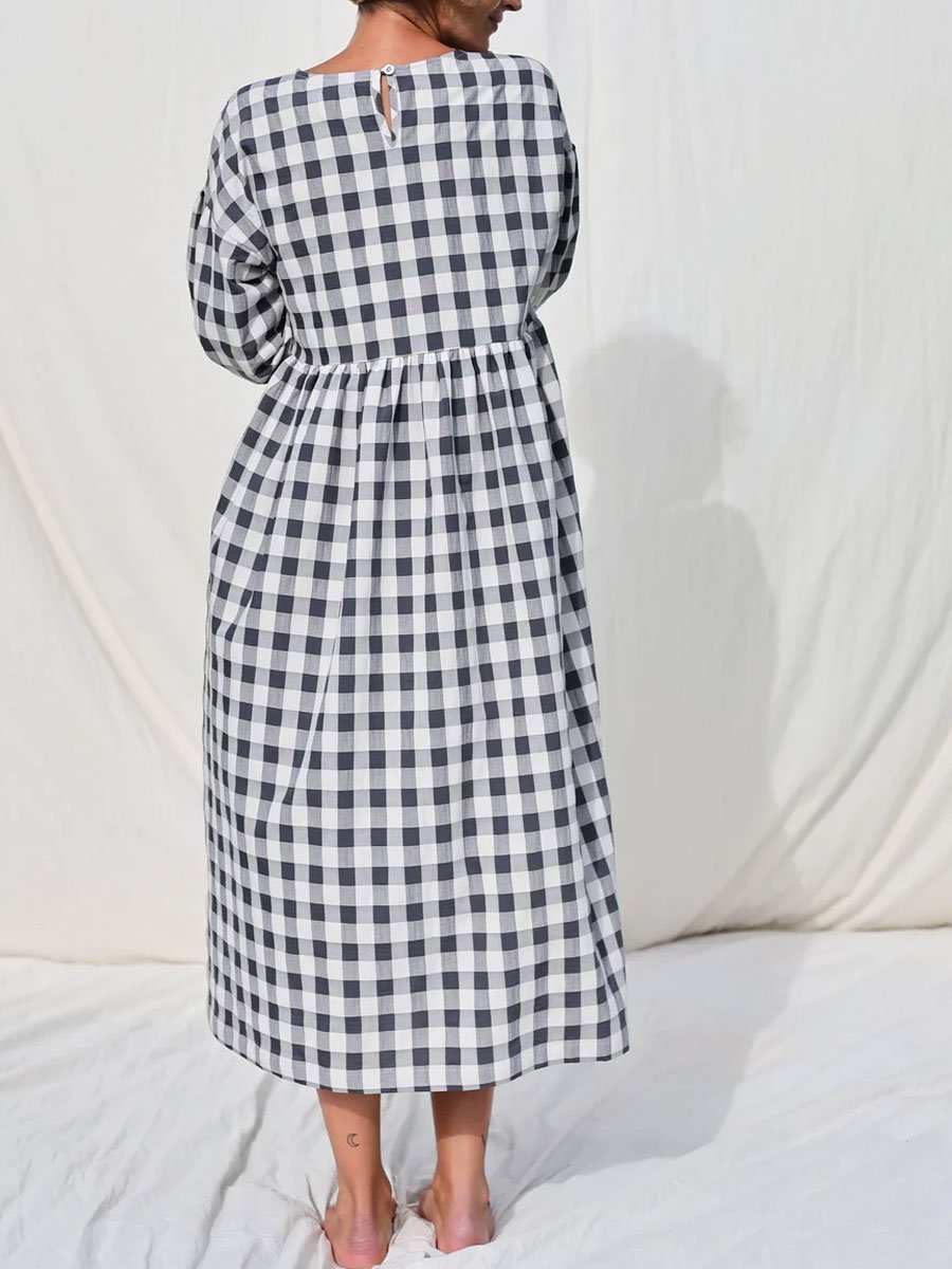 Round Neck Plaid Printed Casual Loose Mid-Sleeve Midi Dress